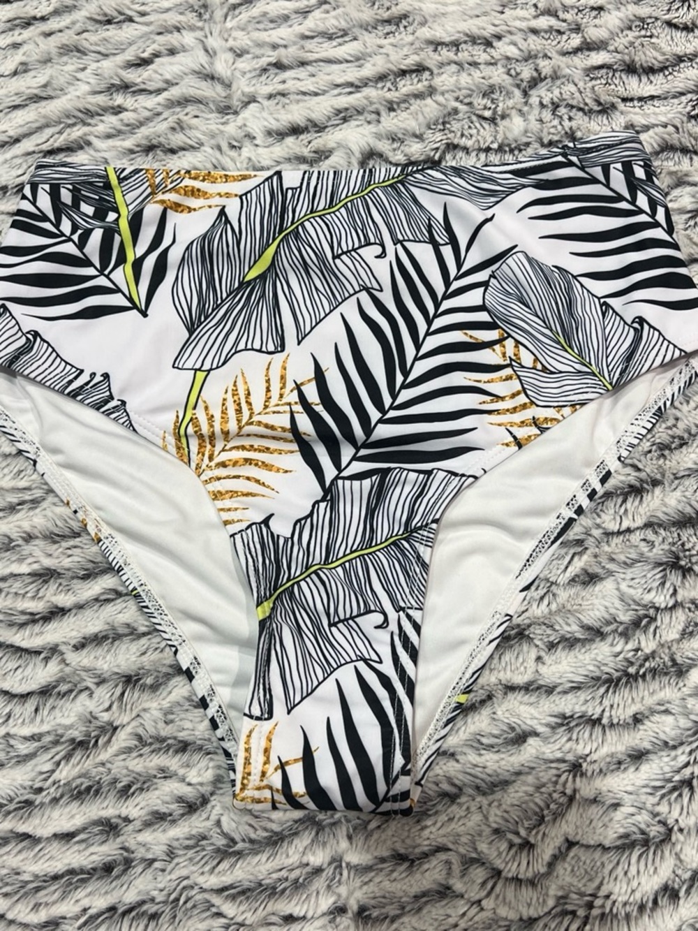 High-Waist Women’s Swim Bottoms in White with Black & Gold Leaf Print